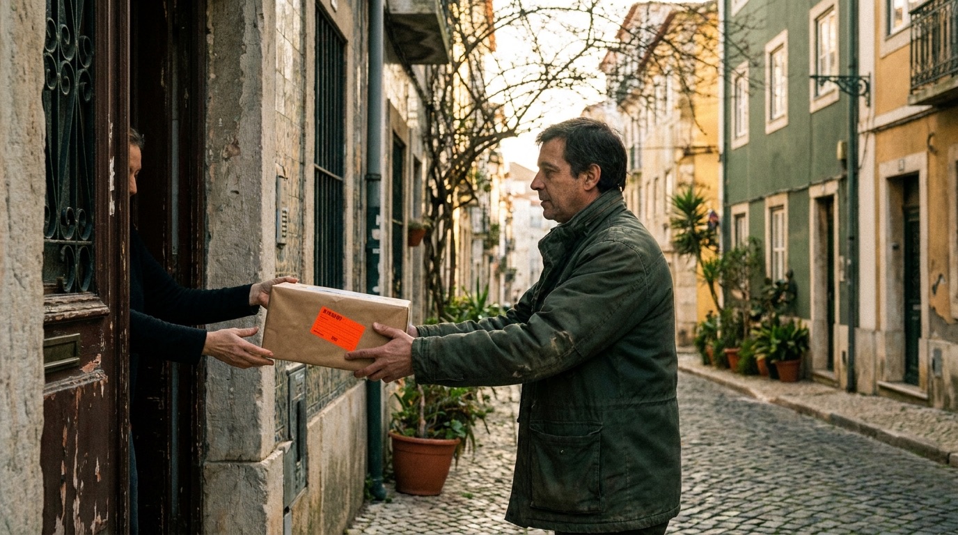 Ein Kurier übergibt ein Paket aus Packpapier an der Haustür.